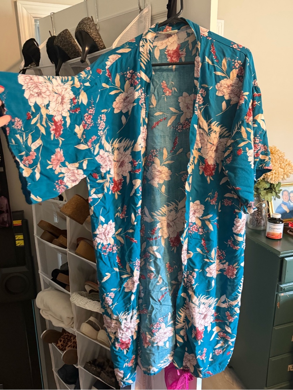 Teal Floral Kimono Cardigan - Lightweight Floral Print